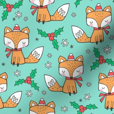 Winter Christmas Xmas Holidays Fox With snowflakes , hats  beanies,scarf  Red Orange on Mint Green