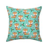 Winter Christmas Xmas Holidays Fox With snowflakes , hats  beanies,scarf  Red Orange on Mint Green