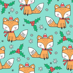 Winter Christmas Xmas Holidays Fox With snowflakes , hats  beanies,scarf  Red Orange on Mint Green
