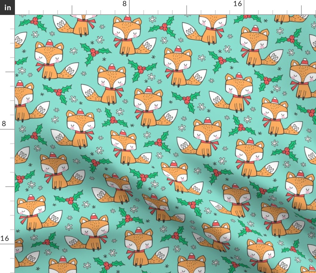 Winter Christmas Xmas Holidays Fox With snowflakes , hats  beanies,scarf  Red Orange on Mint Green