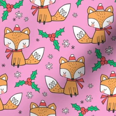 Winter Christmas Xmas Holidays Fox With snowflakes , hats  beanies,scarf  Red Orange on Pink
