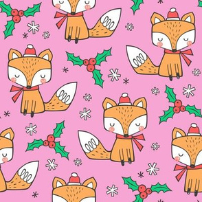 Winter Christmas Xmas Holidays Fox With snowflakes , hats  beanies,scarf  Red Orange on Pink