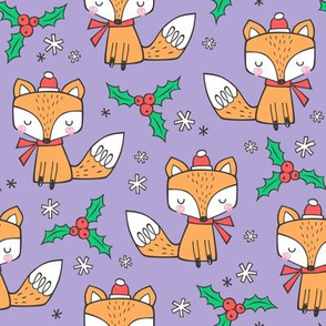 Winter Christmas Xmas Holidays Fox With snowflakes , hats  beanies,scarf  Red Orange on Lavender Purple