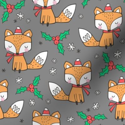 Winter Christmas Xmas Holidays Fox With snowflakes , hats  beanies,scarf  Red Orange on Dark Grey