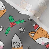 Winter Christmas Xmas Holidays Fox With snowflakes , hats  beanies,scarf  Red Orange on Dark Grey