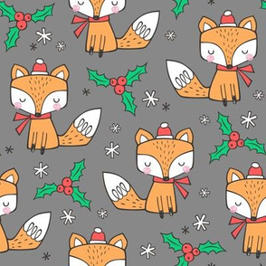 Winter Christmas Xmas Holidays Fox With snowflakes , hats  beanies,scarf  Red Orange on Dark Grey