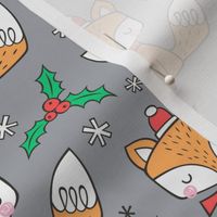 Winter Christmas Xmas Holidays Fox With snowflakes , hats  beanies,scarf  Red Orange on Grey