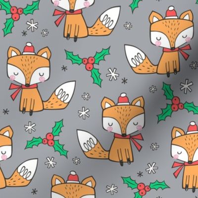 Winter Christmas Xmas Holidays Fox With snowflakes , hats  beanies,scarf  Red Orange on Grey