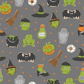 halloween cookies // cute halloween food, potion, frog, witch, frankenstein, halloween food - grey