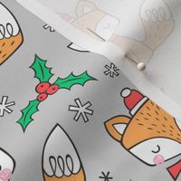 Winter Christmas Xmas Holidays Fox With snowflakes , hats  beanies,scarf  Red Orange on Light Grey