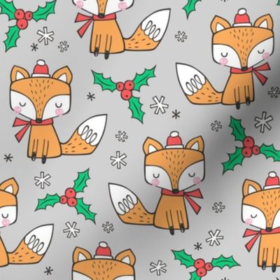 Winter Christmas Xmas Holidays Fox With snowflakes , hats  beanies,scarf  Red Orange on Light Grey