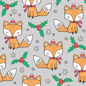 Winter Christmas Xmas Holidays Fox With snowflakes , hats  beanies,scarf  Red Orange on Light Grey