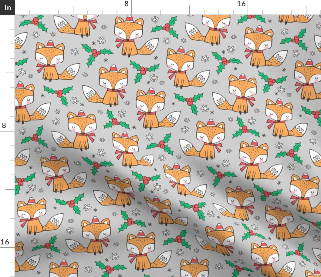 Winter Christmas Xmas Holidays Fox With snowflakes , hats  beanies,scarf  Red Orange on Light Grey