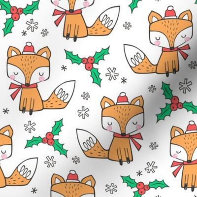Winter Christmas Xmas Holidays Fox With snowflakes , hats  beanies,scarf  Red Orange on White