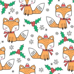 Winter Christmas Xmas Holidays Fox With snowflakes , hats  beanies,scarf  Red Orange on White