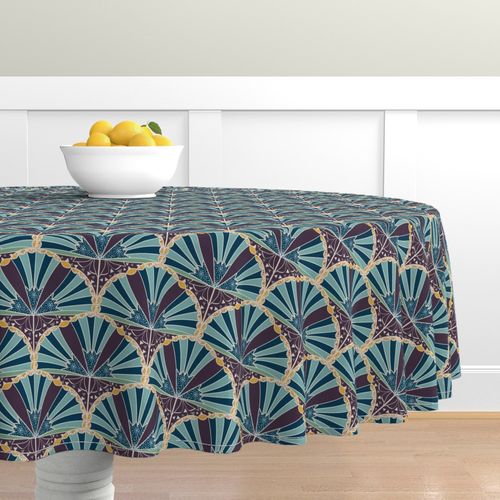 Round Tablecloth Art Decor Fans Abstract 1920S Coral Blue Graphic Cotton Sateen 