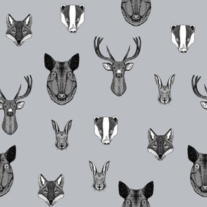 woodland animals // badger, fox, rabbit, boar, hog, deer, buck, doe, grey