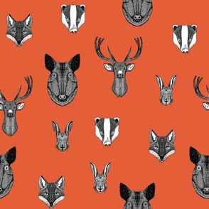 woodland animals // badger, fox, rabbit, boar, hog, deer, buck, doe, orange