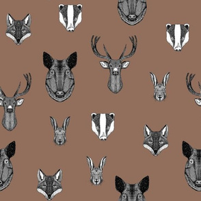 woodland animals // badger, fox, rabbit, boar, hog, deer, buck, doe, brown