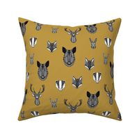 woodland animals // badger, fox, rabbit, boar, hog, deer, buck, doe, mustard