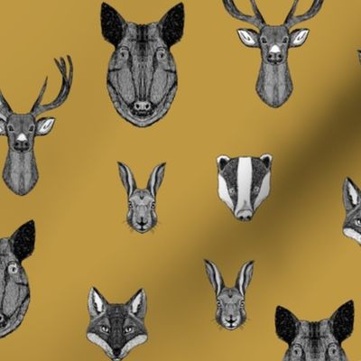 woodland animals // badger, fox, rabbit, boar, hog, deer, buck, doe, mustard