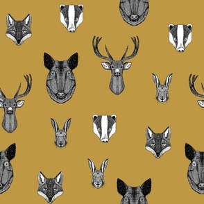 woodland animals // badger, fox, rabbit, boar, hog, deer, buck, doe, mustard