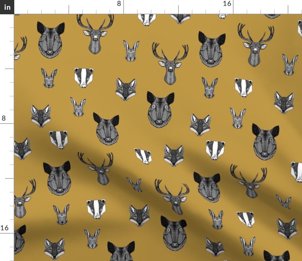 woodland animals // badger, fox, rabbit, boar, hog, deer, buck, doe, mustard