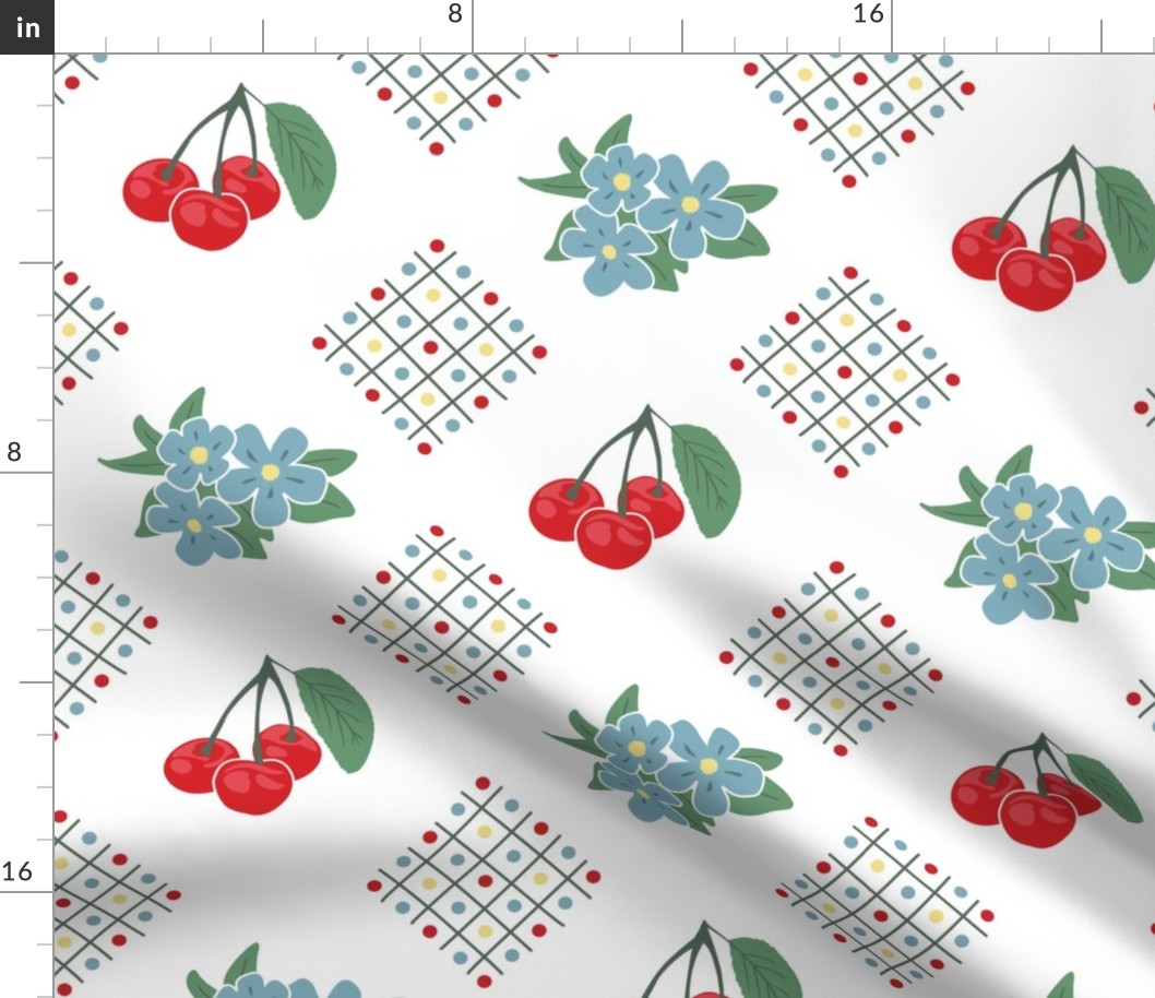 1940's Style Kitchen Cherry Wallpaper in White: Small Print