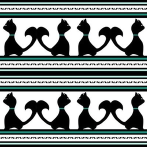 Black Cat Silhouette with Teal, Black, White Stripes for Halloween