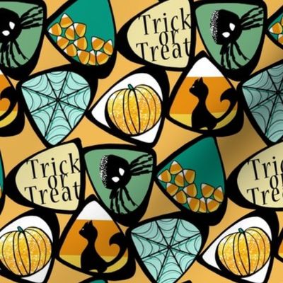 Halloween Candy Corn with Cat, Spider, Web, Pumpkin in Teal, Green, Orange