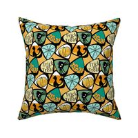 Halloween Candy Corn with Cat, Spider, Web, Pumpkin in Teal, Green, Orange