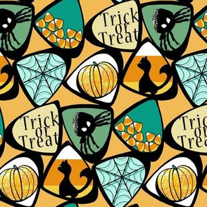 Halloween Candy Corn with Cat, Spider, Web, Pumpkin in Teal, Green, Orange