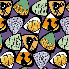 Halloween Candy Corn with Cat, Spider, Web, Pumpkin in Purple, Green, Orange