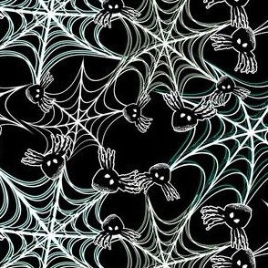 Black Spider in Teal, White Spiderweb for Halloween 