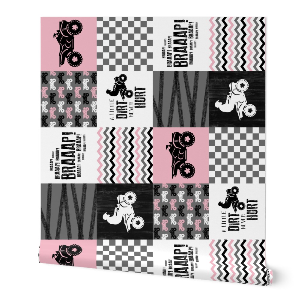 3 inch 4 Wheel/ATV/A little Dirt never hurt - wholecloth cheater quilt - Pink - Rotated