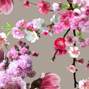 Japanese Magnolia & Cherry Blossoms Khaki