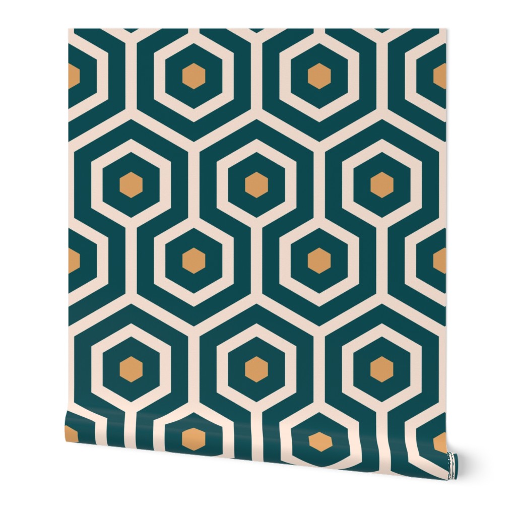 Emerald green Art Deco meandering hexagons