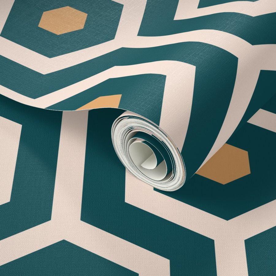 Emerald green Art Deco meandering hexagons