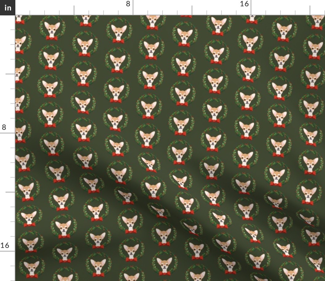 christmas chihuahua fabric - dog, dogs, wreath, noel, yule, red and green, holiday christmas fabric