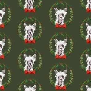 christmas chinese crested fabric - dog, dogs, wreath, noel, yule, red and green, holiday christmas fabric