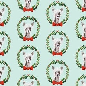 christmas chinese crested fabric - dog, dogs, wreath, noel, yule, red and green, holiday christmas fabric