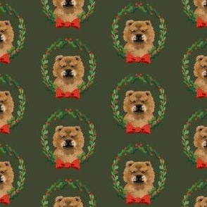 christmas chow chow fabric - dog, dogs, wreath, noel, yule, red and green, holiday christmas fabric