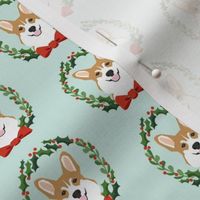 christmas corgi fabric - dog, dogs, wreath, noel, yule, red and green, holiday christmas fabric