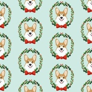 christmas corgi fabric - dog, dogs, wreath, noel, yule, red and green, holiday christmas fabric