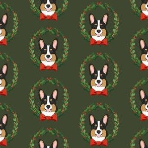 christmas corgi fabric - dog, dogs, wreath, noel, yule, red and green, holiday christmas fabric