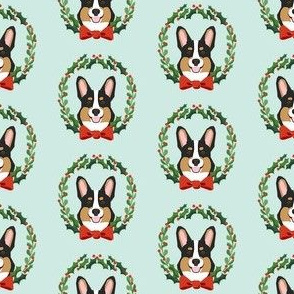 christmas corgi fabric - dog, dogs, wreath, noel, yule, red and green, holiday christmas fabric