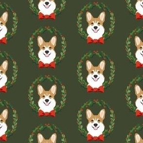 christmas corgi fabric - dog, dogs, wreath, noel, yule, red and green, holiday christmas fabric