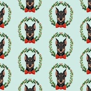 christmas doberman fabric - dog, dogs, wreath, noel, yule, red and green, holiday christmas fabric