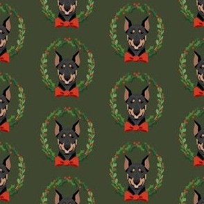 christmas doberman fabric - dog, dogs, wreath, noel, yule, red and green, holiday christmas fabric