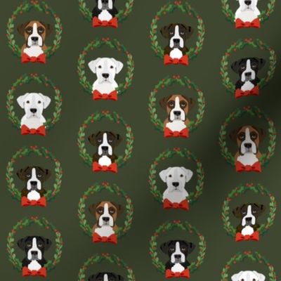 christmas boxer dog fabric - dog, dogs, wreath, noel, yule, red and green, holiday christmas fabric